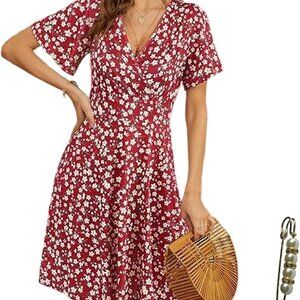 Women's Wrap Sundress V Neck Short Sleeve Floral High Waist Casual Dress